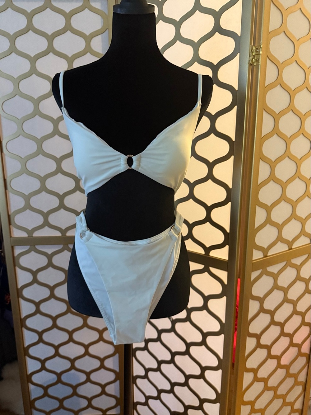 White High-Cut Two-Piece Bikini with Ring Accent